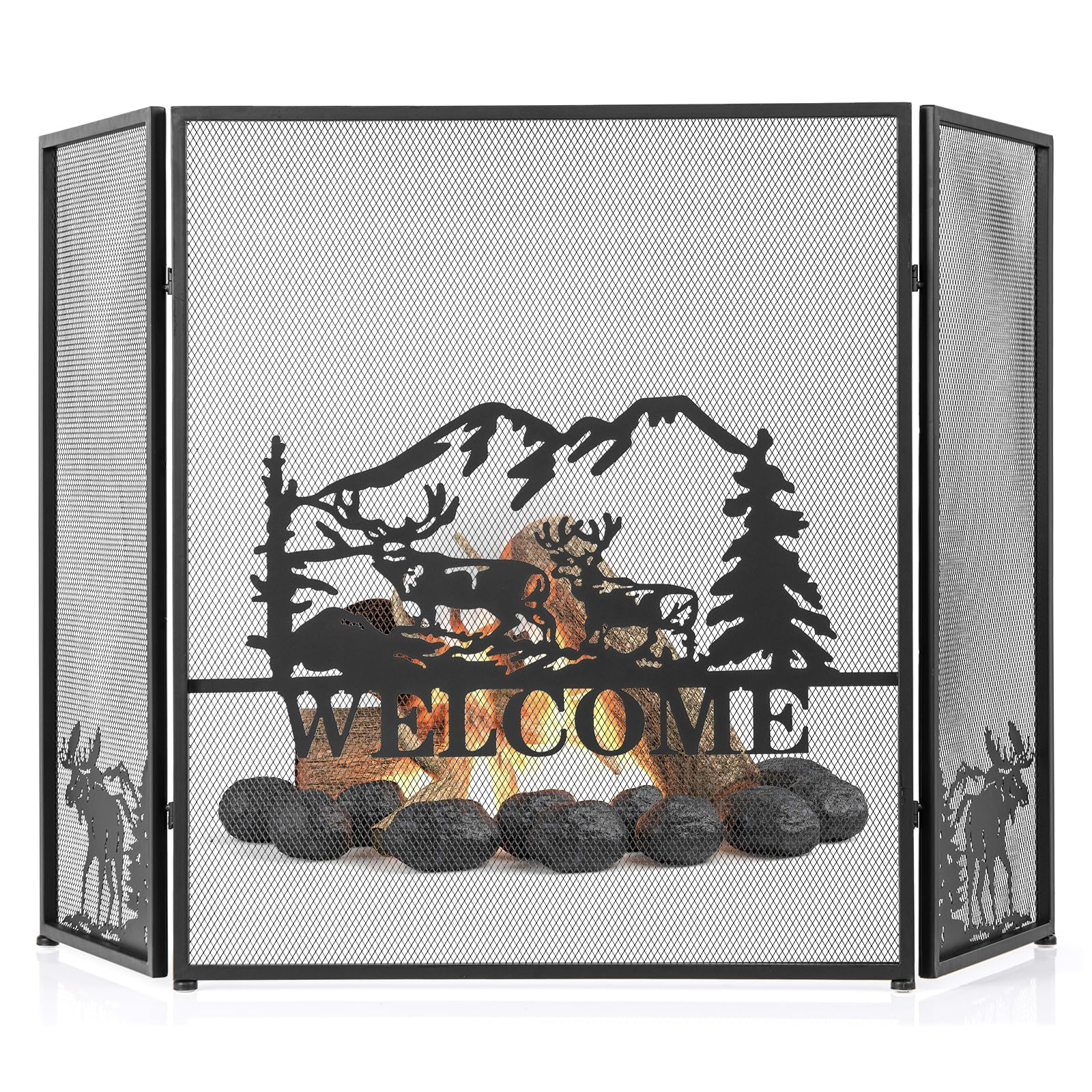 Tangkula 52 x 31 Inch Fireplace Screen, 3-Panel Folding Spark Guard w/Natural Scenery & Moose Pattern